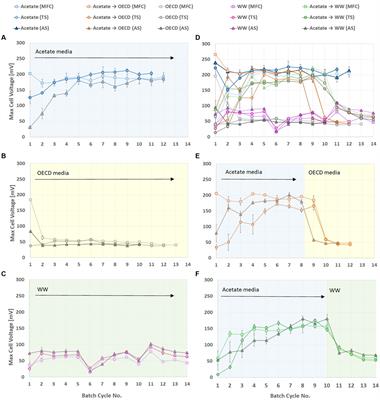 Does pre-enrichment of anodes with acetate to select for Geobacter spp. enhance performance of microbial fuel cells when switched to more complex substrates?